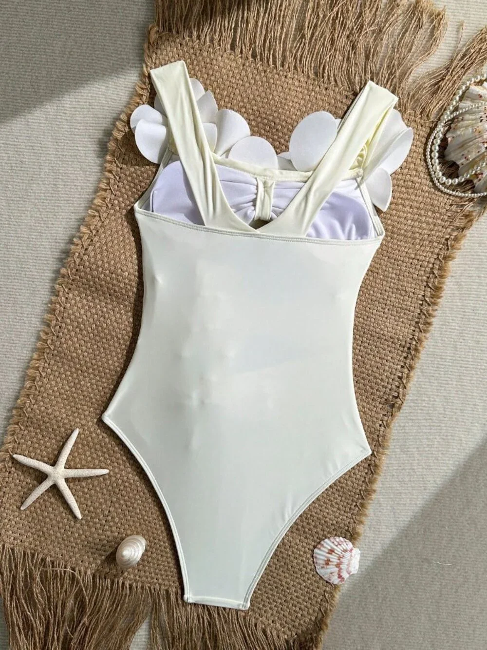 White Elegant Women's Beach 3D Floral Off-Shoulder Strapless Ruched Swimsuit